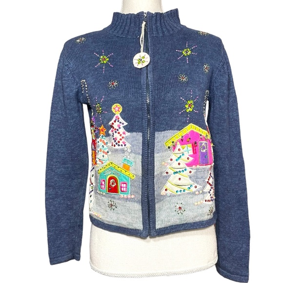 Vintage Sweaters - Christmas Village Sweater PS Petite S Embroidered Beaded Sequin Navy Rainbow